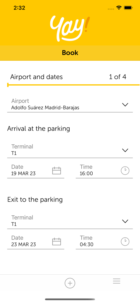 La pantalla de reserva de la app de aparcacoches ¡Yay! para seleccionar la terminal del aeropuerto y las fechas de viaje