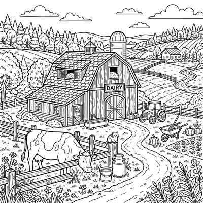 Step into a tranquil farm setting with this charming dairy barn coloring page. It's the perfect way to unwind and bring the peaceful countryside to life with your favorite colors this weekend.