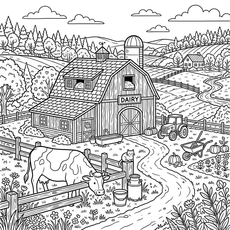Step into a tranquil farm setting with this charming dairy barn coloring page. It's the perfect way to unwind and bring the peaceful countryside to life with your favorite colors this weekend.