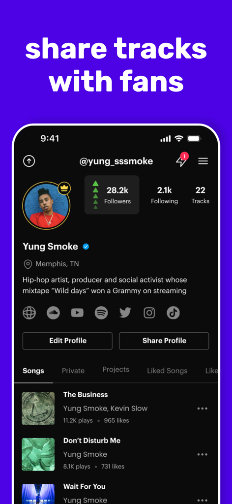 曲トラック、フォロワー数、ソーシャルメディアリンクを表示するRapchatユーザープロフィールのスクリーンショット。