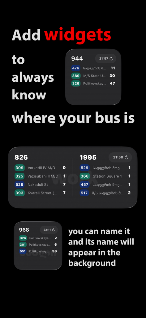 Interface showing various iOS widgets for real-time bus arrival times in Tbilisi
