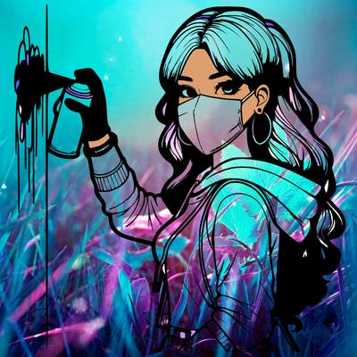 realistic girl with mask spray painting a wall