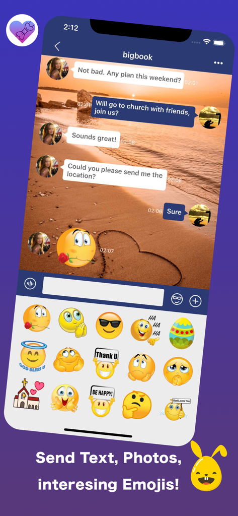 Sweet Dating for Adult Singles - Chat interface of Sweet dating app showing text messages and a variety of custom emojis over a sunset beach background