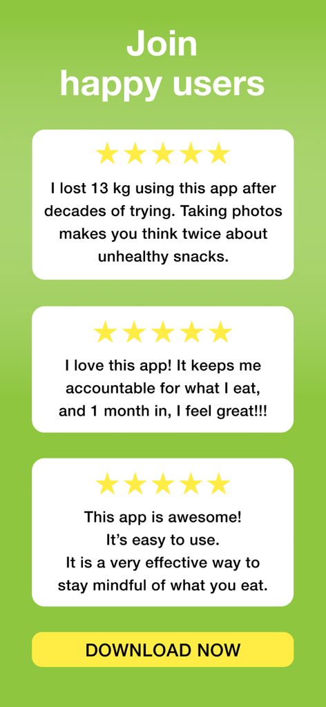Reseñas de usuarios positivas de cinco estrellas y testimonios para la aplicación Food Diary See How You Eat.