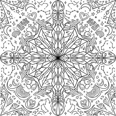 Dive into a universe of color with this intricate Kaleidoscope Stars coloring page, beautifully blended with vibrant Pride themes. Explore celestial patterns, hearts, and symbols of love, celebrating diversity in every stroke.