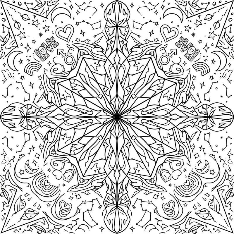 Dive into a universe of color with this intricate Kaleidoscope Stars coloring page, beautifully blended with vibrant Pride themes. Explore celestial patterns, hearts, and symbols of love, celebrating diversity in every stroke.
