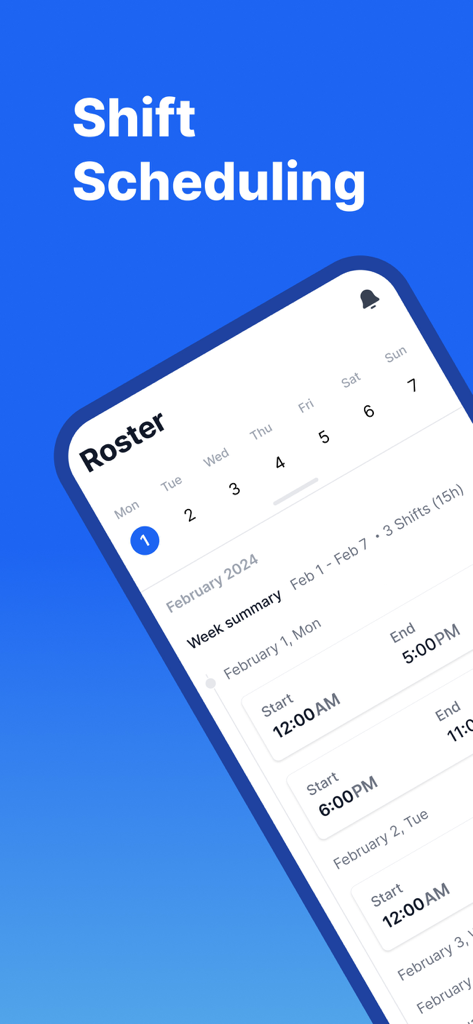 Visão geral do quadro de horários semanal para agendamento de turnos de funcionários em aplicativo móvel