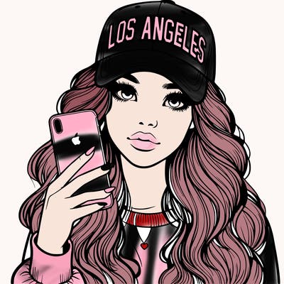 realistic beautiful girl wearing los ángeles cap holding an iphone