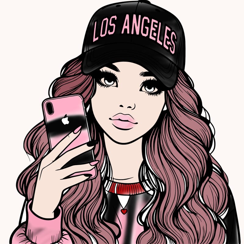 realistic beautiful girl wearing los ángeles cap holding an iphone