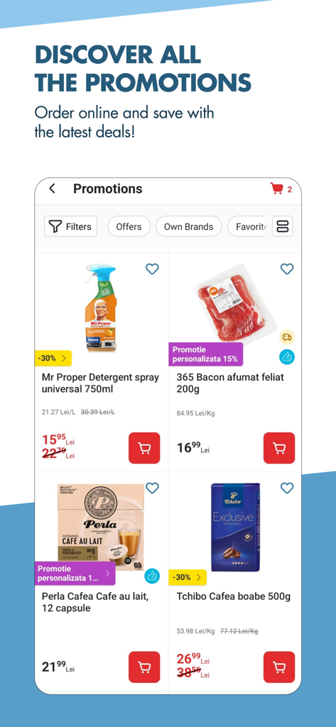 Mega Image Online mobile app displaying a list of grocery promotions and personalized offers