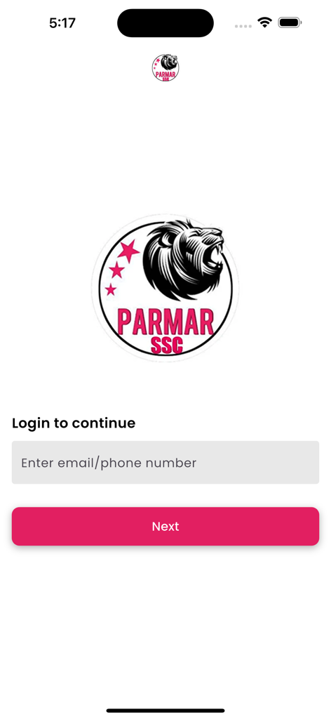 Login screen of the Parmar Academy app featuring a lion logo and an input field for email or phone number.