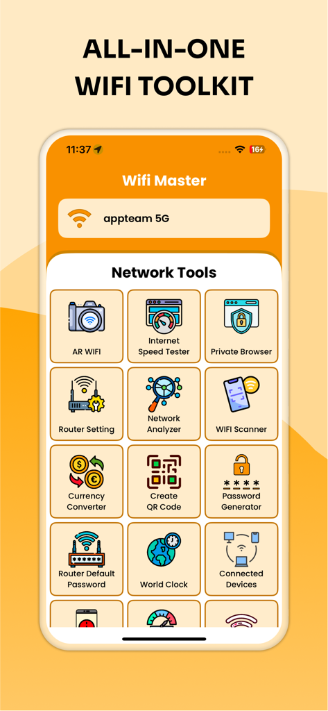 Wifi Password : Connect WIFI - Interfaz de kit de herramientas WiFi todo en uno que muestra herramientas de red como el probador de velocidad y la configuración del router