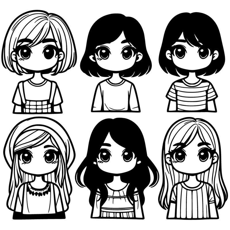 6 girls standing together two of them with short straight hair another with short wavy hair two of them with long straight hair