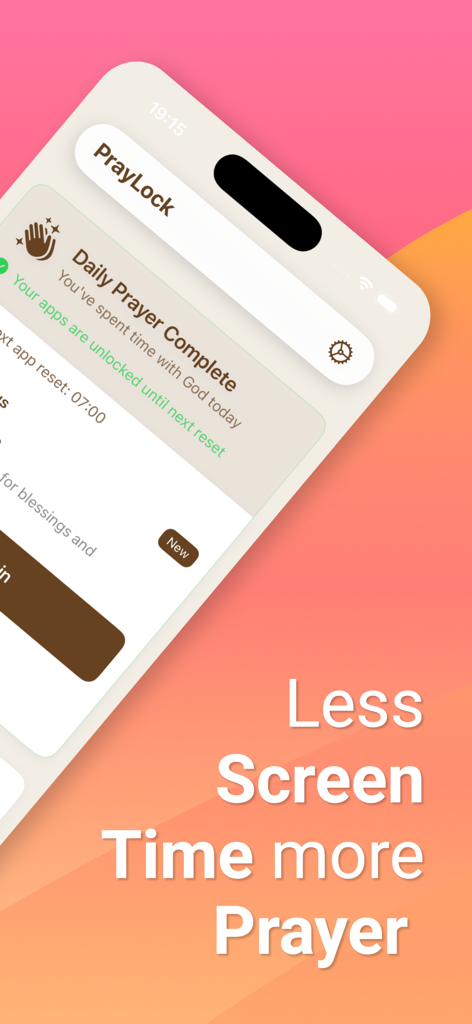 PrayLock : Prayer Screen Time - PrayLock app interface showing a Daily Prayer Complete notification and the slogan Less Screen Time More Prayer