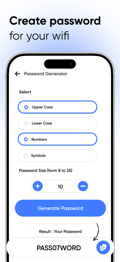 All Router Admin Setup Control - Interfaz del generador de contraseñas WiFi con opciones para mayúsculas, minúsculas, números y símbolos.