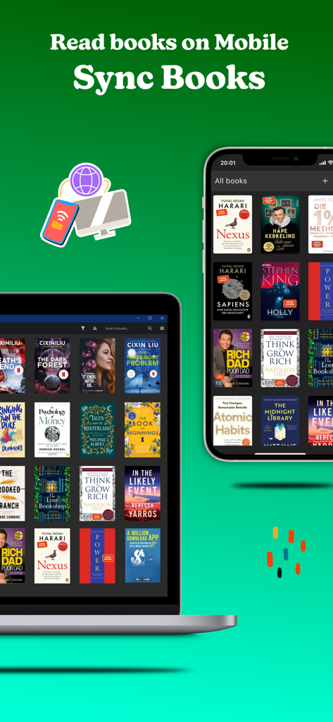 csBooks - ePub and PDF reader - A smartphone and laptop displaying a synced digital book library with various book covers