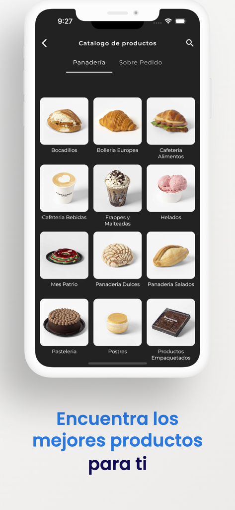 Una visualización del catálogo de productos en la aplicación móvil Pastelerías Esperanza con varias categorías como pan dulce, pasteles y café.