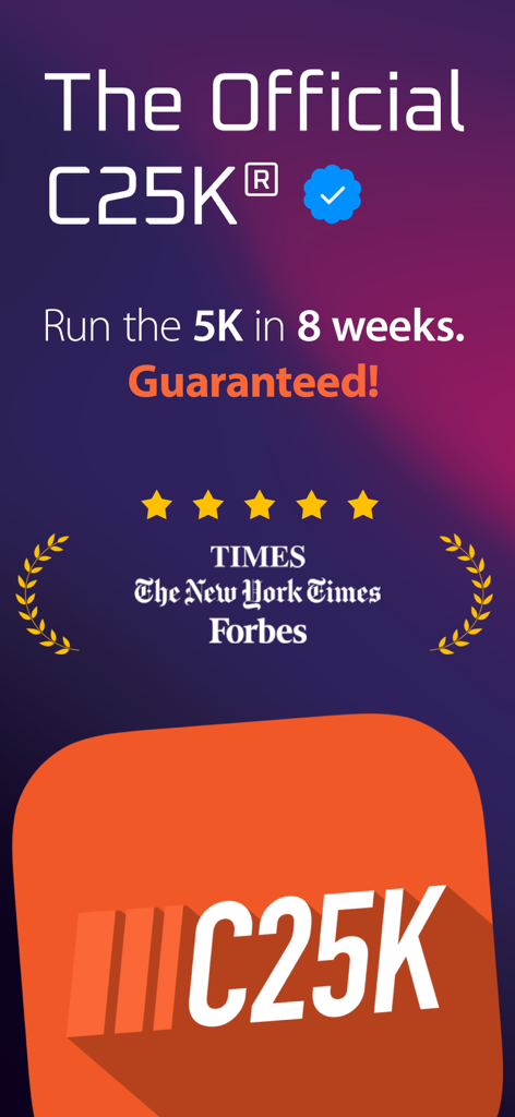 C25K® 5K Running Coach & Map - Official C25K 5K running coach app banner featuring an 8-week training program guarantee and media endorsements