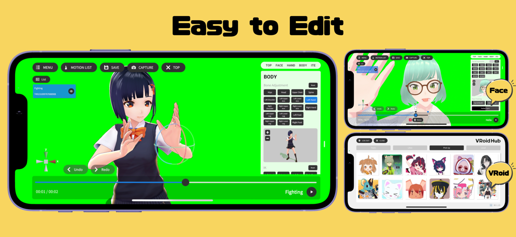 Keyaki Studio - Keyaki Studioのモバイルインターフェース。3Dアバター編集ツールとVRoid Hub連携を表示しています。