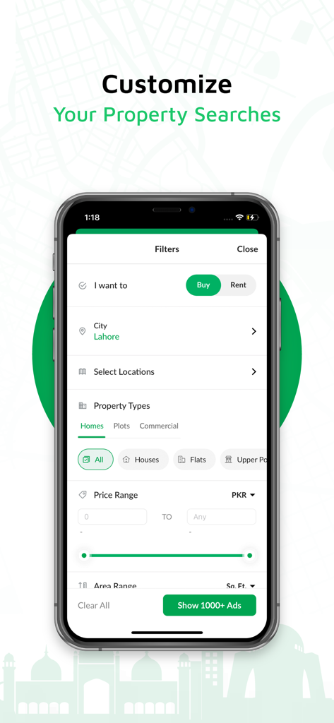 Zameen: No. 1 Property Portal - Interface of the Zameen app showing property search filters for buying or renting in Lahore including price and area range.