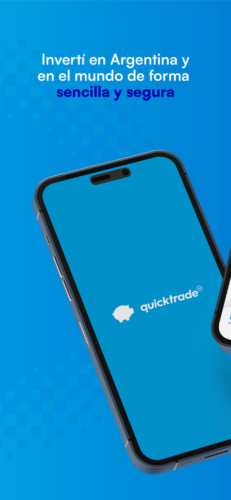 Aplicación móvil Quicktrade que muestra un smartphone con el logo y el eslogan de inversión para mercados argentinos y globales