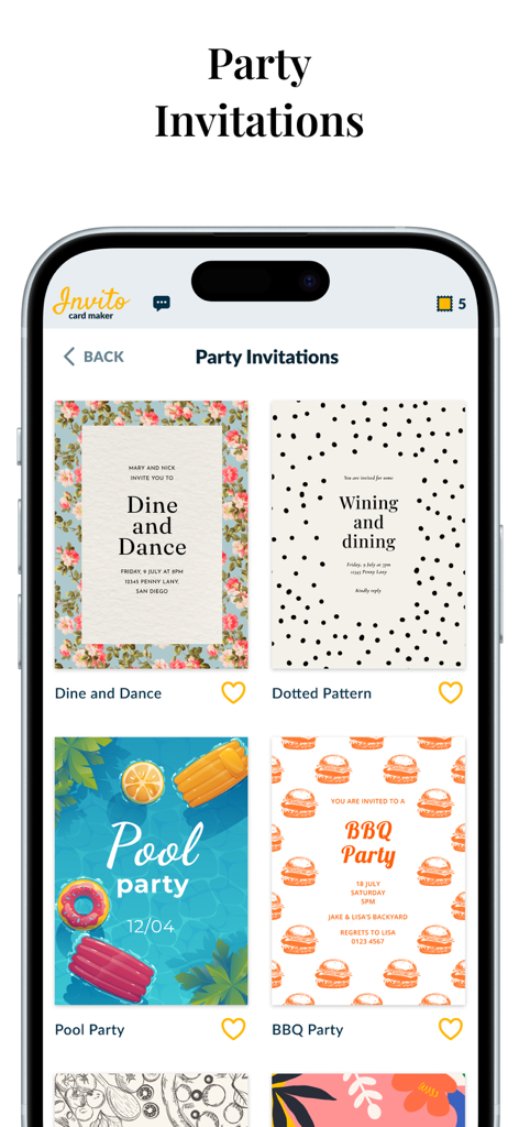 Invitation Maker Wedding Cards - Mobile app interface displaying various party invitation templates including floral, dotted, pool party, and BBQ designs.