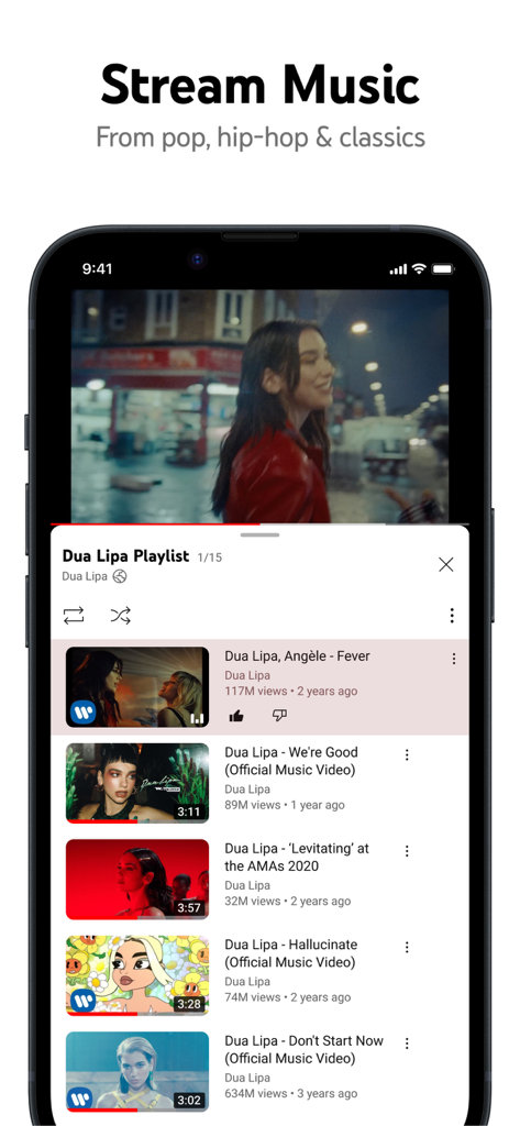 YouTube mobile app interface displaying a music video playlist for streaming