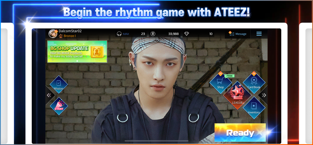 Main menu of the SUPERSTAR ATEEZ rhythm game showing game missions and artist background.