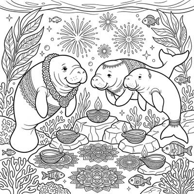 Immerse yourself in a magical underwater Diwali celebration with this enchanting coloring page. Adorned manatees and dugongs bring festive cheer amidst diyas, rangoli, and shimmering fireworks.