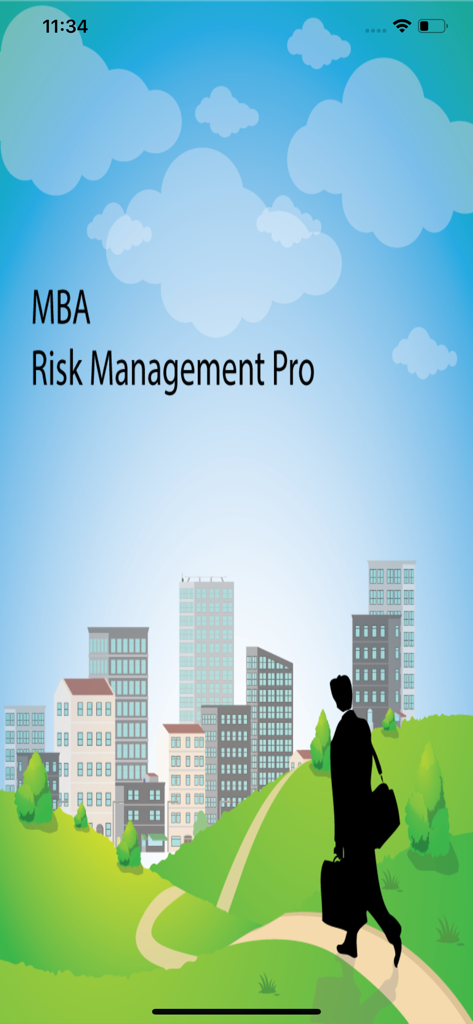 MBA Risk Management - MBA Risk Management Pro App Splash-Screen, der eine professionelle Silhouette zeigt, die auf eine Stadtkulisse zugeht