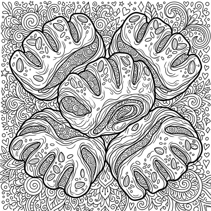 Unleash your creativity with this delightful coloring page featuring intricately designed bear claw pastries. Perfect for teens, this template offers a complex and engaging artistic challenge with its detailed patterns and sweet subject.