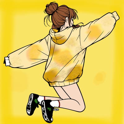 realistic girl jumping with a bun and oversized sweatshirt