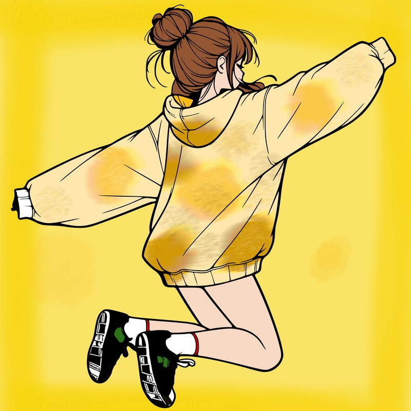 realistic girl jumping with a bun and oversized sweatshirt