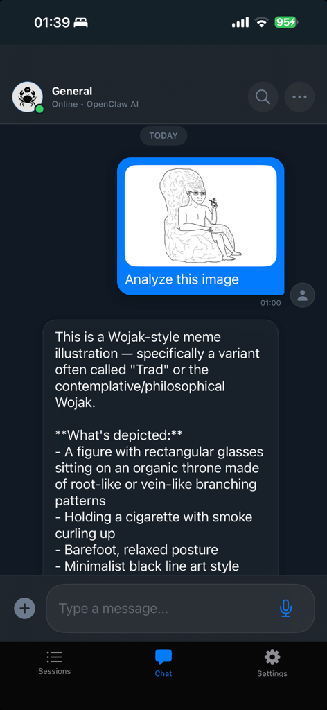 Claw AI Chat - Claw AI Chat mobile interface showing the AI analyzing an uploaded Wojak meme image