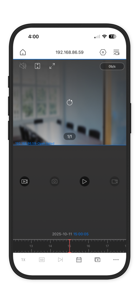 Eclipse IP Net - Mobile app interface of Eclipse IP Net displaying a security camera feed with a video playback timeline and controls