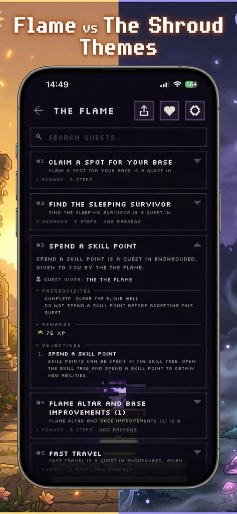 Companion for Enshrouded - Interfaz de la aplicación compañera de Enshrouded que muestra una lista de misiones y objetivos en un tema de pixel art oscuro.