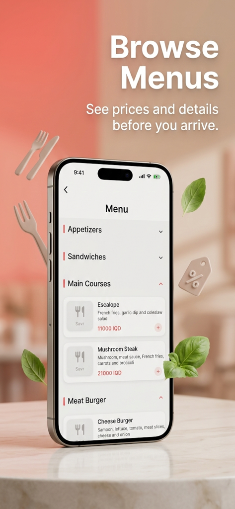 Savr: Find Restaurants & Cafes - Smartphone screen of Savr app displaying a digital restaurant menu with item prices