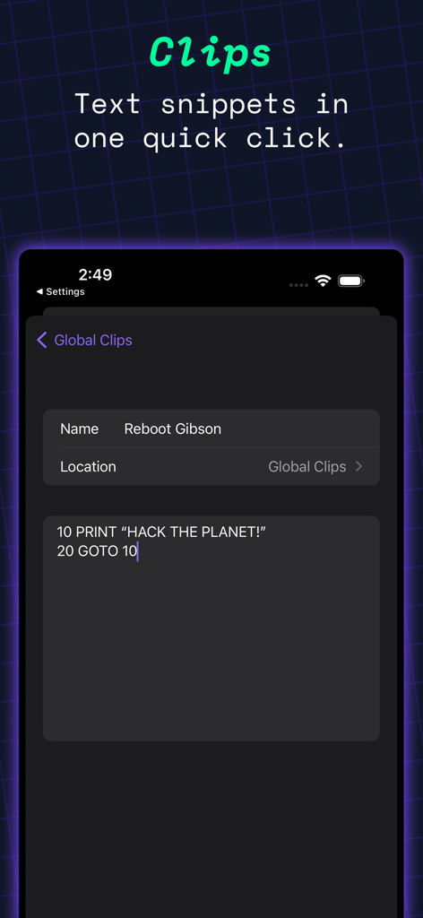 Prompt 3 terminal app interface highlighting the Clips feature for text snippets.