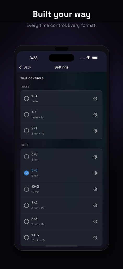Chess Clock Premium - Pantalla de configuración de la aplicación Chess Clock Premium que muestra varios ajustes preestablecidos de control de tiempo para partidas de ajedrez bullet y blitz.