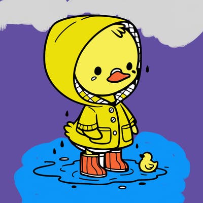 baby duck in a rain coat and boots, in a puddle while it’s raining