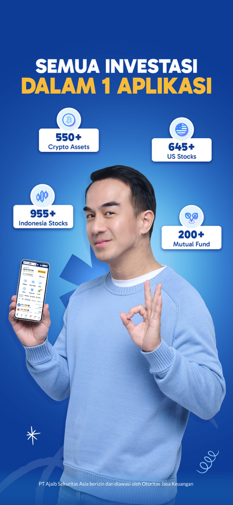 Interfaccia dell'app di investimento Ajaib che mostra opzioni per azioni indonesiane, azioni statunitensi, criptovalute e fondi comuni