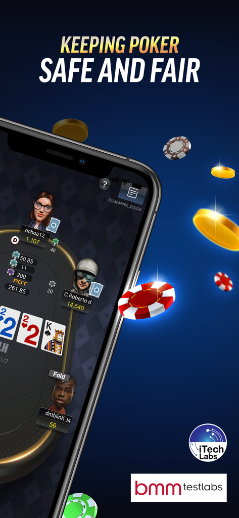 Una pantalla de smartphone mostrando una partida de PokerBROS con logotipos de certificación de seguridad y el texto Keeping Poker Safe and Fair