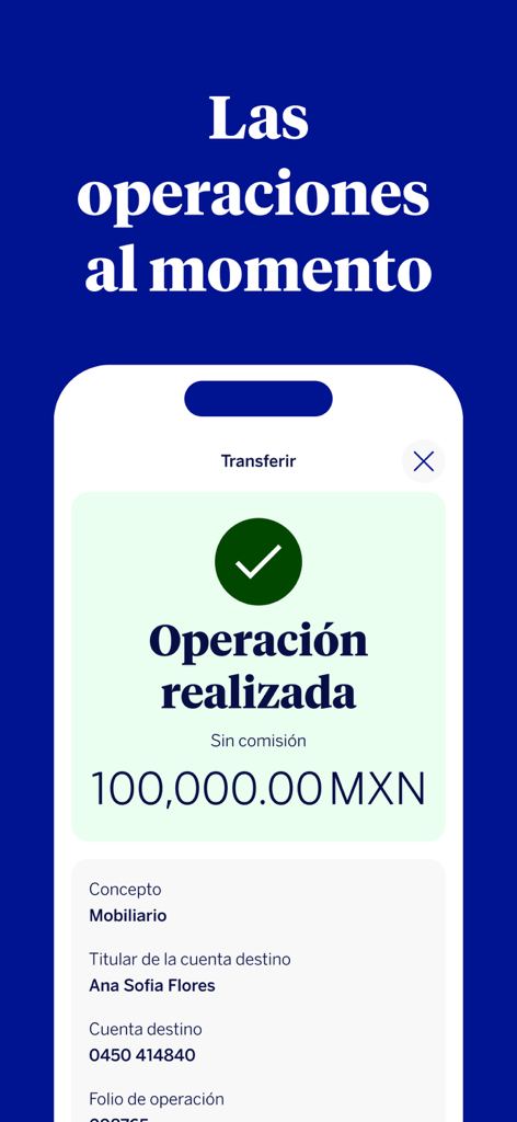 BBVA Empresas México - Schermata di conferma trasferimento riuscito che mostra 100.000 MXN sull'interfaccia dell'app BBVA Empresas Mexico.