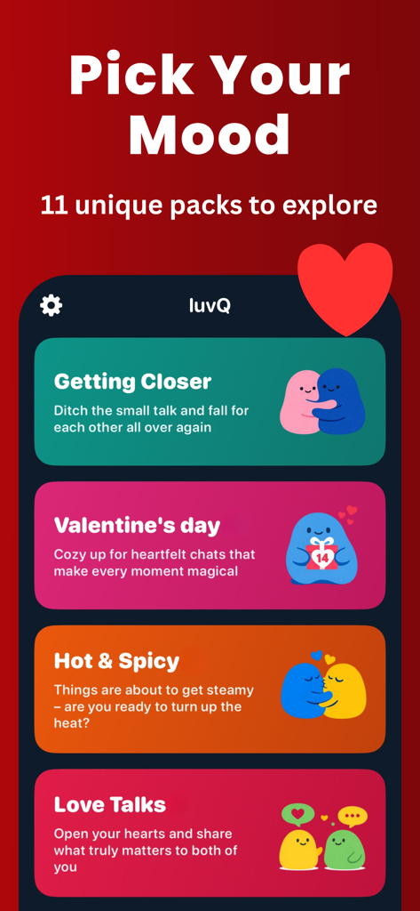Couple Games Questions - LuvQ - Interfaz de la aplicación LuvQ que muestra mazos de conversación temáticos para parejas como Acercarse y Caliente y Picante