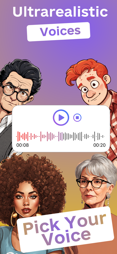 My Voice - Text To Speech - User interface of My Voice app showing a selection of ultrarealistic AI voices represented by diverse character avatars