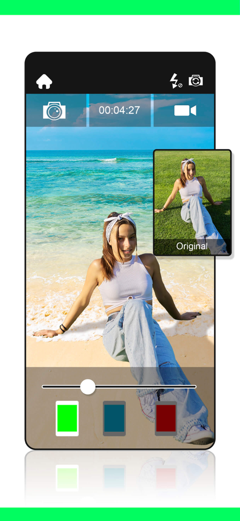 Interface de l'application de fond vert Chroma Key montrant un remplacement d'arrière-plan de l'herbe à une scène de plage