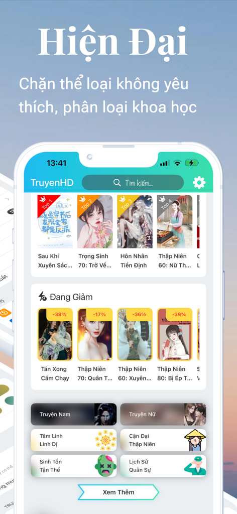 TruyenHD - Đọc Truyện Full - The TruyenHD app interface showing a variety of Vietnamese novels and categories