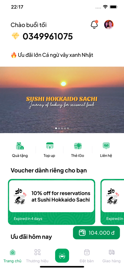 iGourmet mobile app dashboard displaying dining vouchers and digital wallet balance