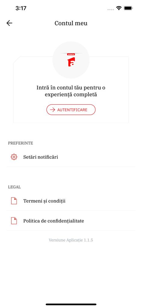 Antena 1 - Schermata 'Il mio account' dell'app Antena 1 che mostra il pulsante di accesso e il menu delle impostazioni