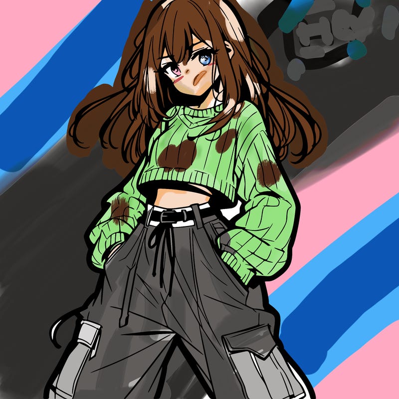 anime teen girl with baggy pants and crop top with sweater